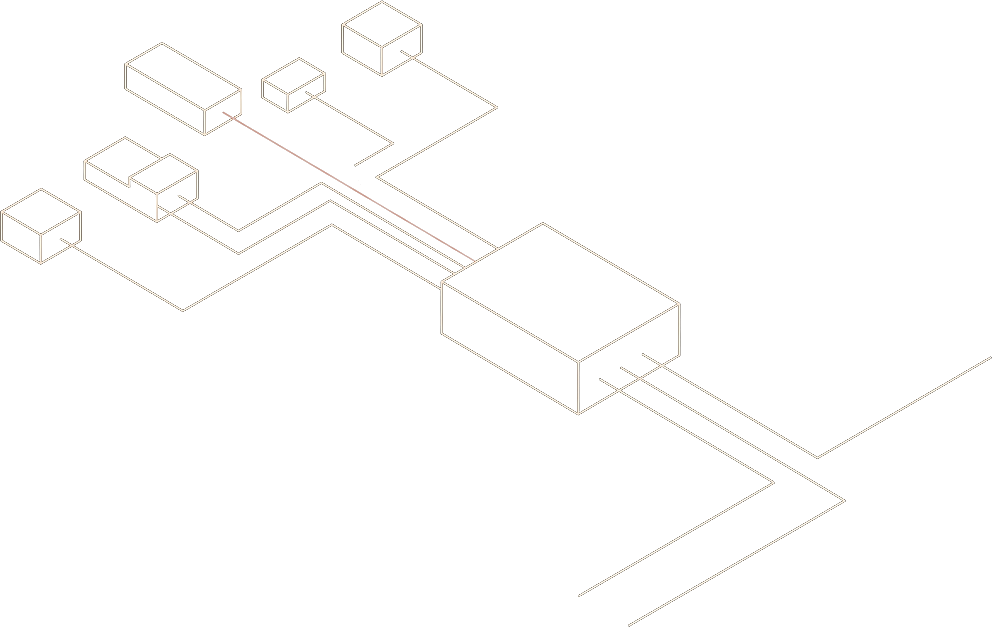 Schematic: several sources feed one unit, which sends two outputs onward. One path is marked in red.